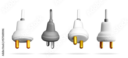 Set of three dimensional power plugs, showcasing electrical connection concept through modern digital illustration for energy safety.