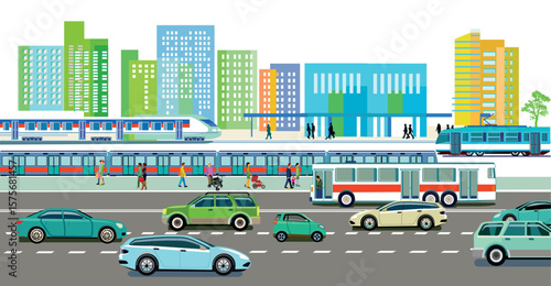 Stadtsilhouette einer  Stadt mit Bus, Autos und Metro, Schnellzug, Illustration