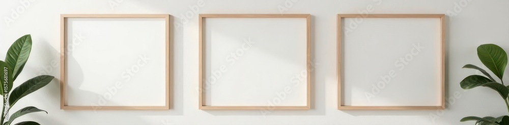 Fototapeta premium Three blank square frames, wall mounted, interior setting , space, wooden, background