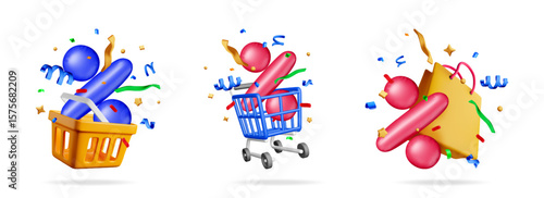Three 3d vector illustrations of discount percentage sign in basket, shopping cart and paper bag with confetti for promotion.