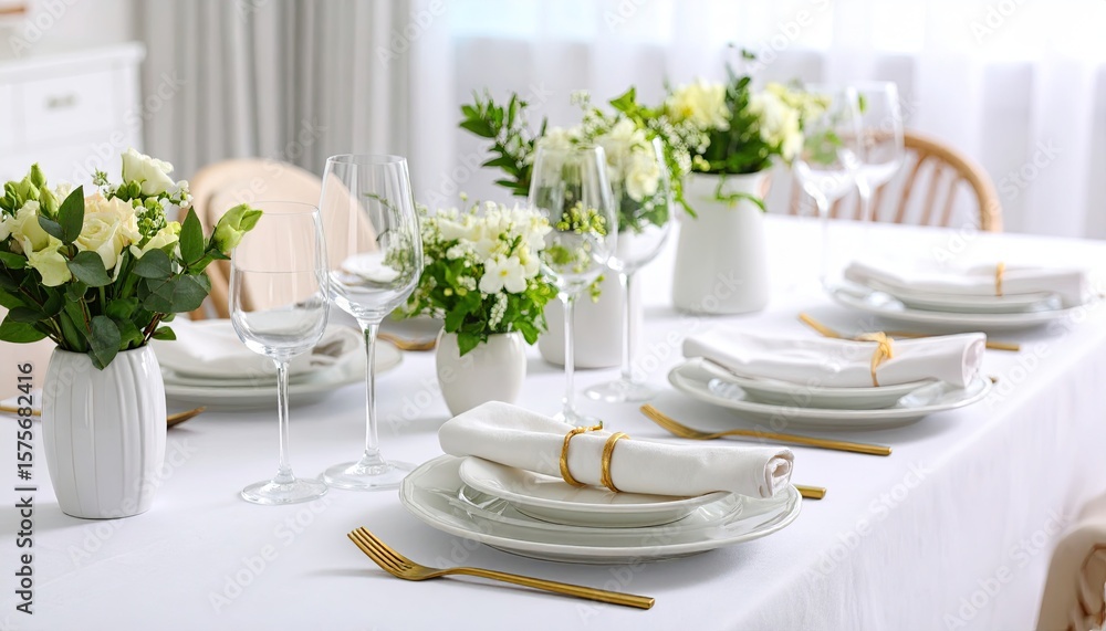 Fototapeta premium Elegant white table setting with flowers