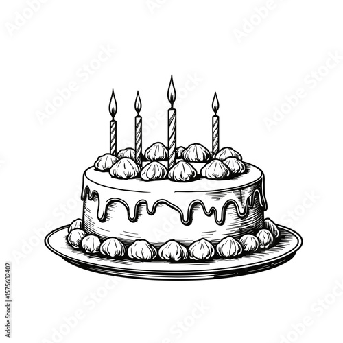Birthday cake sketch with icing and candles on plate. Birthday cake dessert includes cream topping and burning candles, hand drawn for festive events. Use birthday cake design for party invitations.