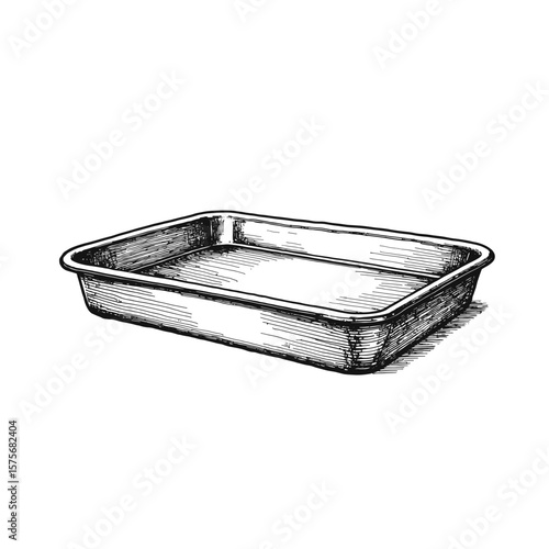 Baking tray image with silver kitchenware on plain background. Baking tray utensil showcases metallic gleam and functional design, emphasizing its utility and form, and tray provides a clean,