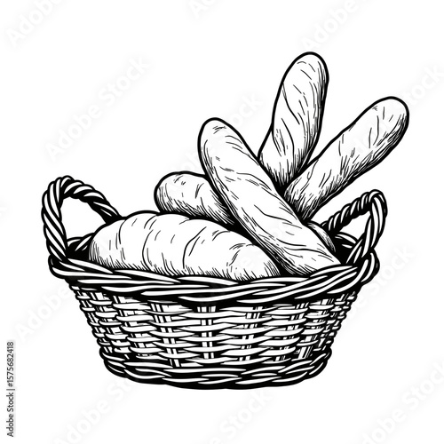 Bread basket, sketch of fresh baguettes inside wicker container. Bread basket brimming with pastries, food items for rustic meal, detailed etching illustration. 