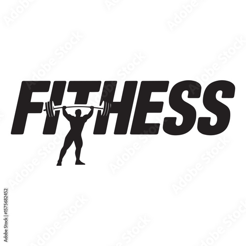 FITNESS wordmark with strongman silhouette lifting barbell integrated in the text. Vector illustration design.