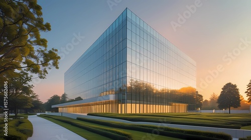 Modern office building with glass exterior reflecting sky from day to night