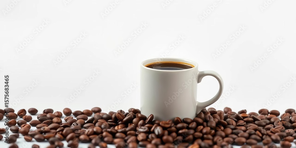 Fototapeta premium Minimalist coffee backgrounds featuring coffee beans & mug; ideal for various design projects, modern, cafe