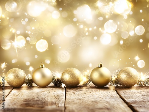 Elegant Gold Christmas Ornaments Wooden Table Festive Background