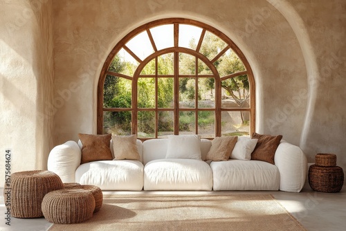 white sofa in a boho style room with an arched window and stucco walls, exemplifying rustic interior design for a modern living room. Created with, Generative AI