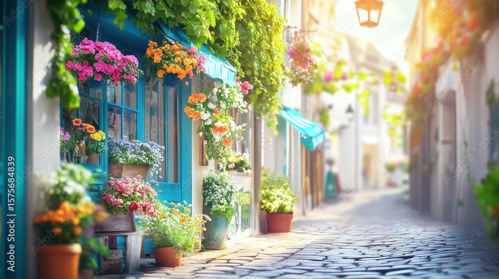 Obraz premium Charming European Street with Flowers: A picturesque European streetscape bursts with colorful flowers and lush greenery, evoking a sense of tranquility and old-world charm. The quaint buildings.