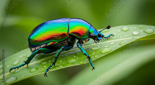 Wallpaper Mural Close-up of iridescent beetle on dew-covered leaf, showcasing vibrant green, blue, and red hues.  Illustrates natural beauty and intricate detail of insect world Torontodigital.ca