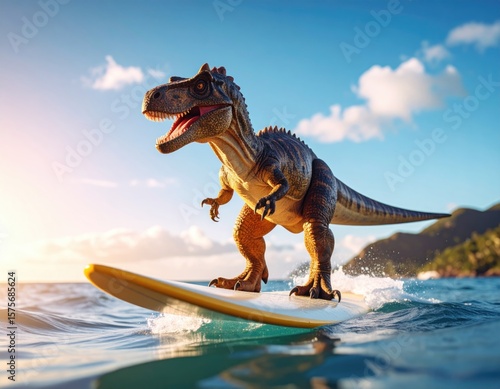 Dinosaur surfing a wave