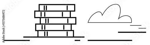 Minimalist stack of books near a simple cloud design conveys learning, reading, creativity, imagination, growth, education, and knowledge. Ideal for schools libraries blogs and writing. A simple