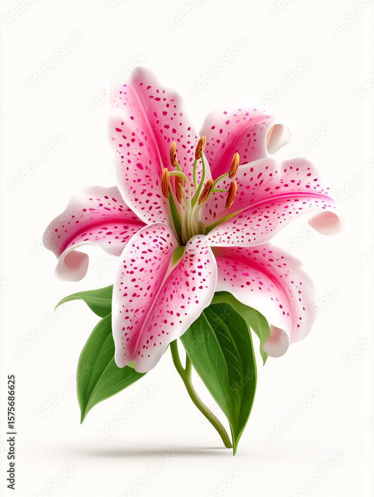 Fototapeta premium Single blooming lily flower in full detail, botanical illustration. vibrant pink lily flower with green leaves isolated on white background for floral branding, packaging, spa brochures, wellness ads