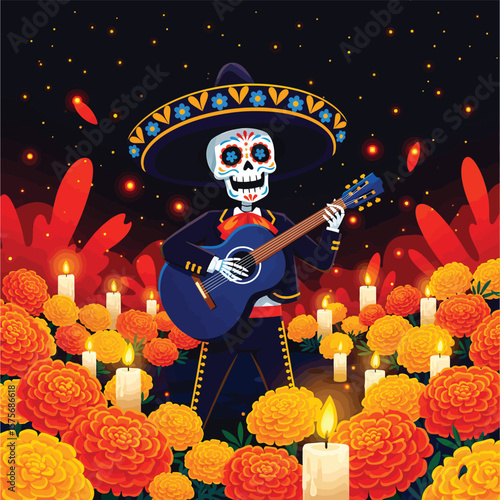 Skeleton mariachi playing guitar surrounded by marigolds and candles