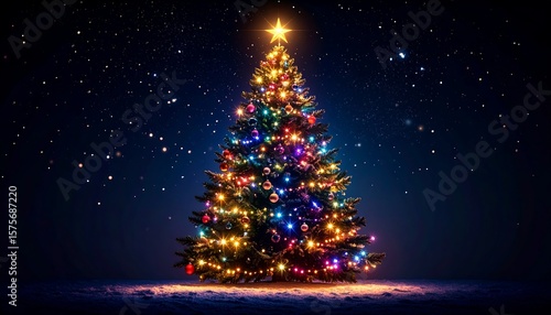 Illuminated Christmas tree at night, glittering with colorful ornaments and lights against a starry sky