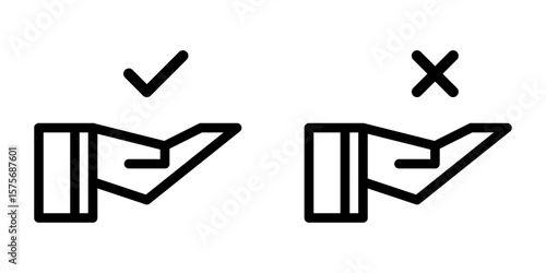 icon of open hands with check mark and cross above. Represents approval and rejection, accepted and denied, verified and error, success and failure.