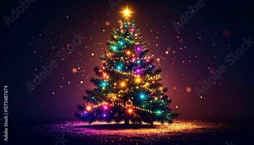 Illuminated Christmas tree in a dark, snowy scene