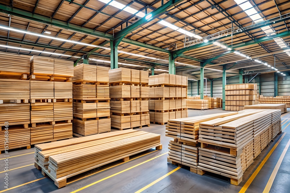 Fototapeta premium Large Warehouse Filled With Piled Lumber