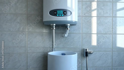 A white water heater with blue digital display mounted on gray tiled wall in a bathroom space