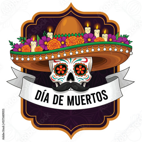 Dia de muertos skull with sombrero and candles