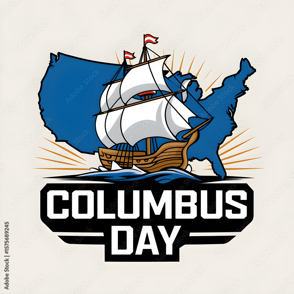 Naklejka premium Columbus Day Holiday sailing ship on a postage stamp