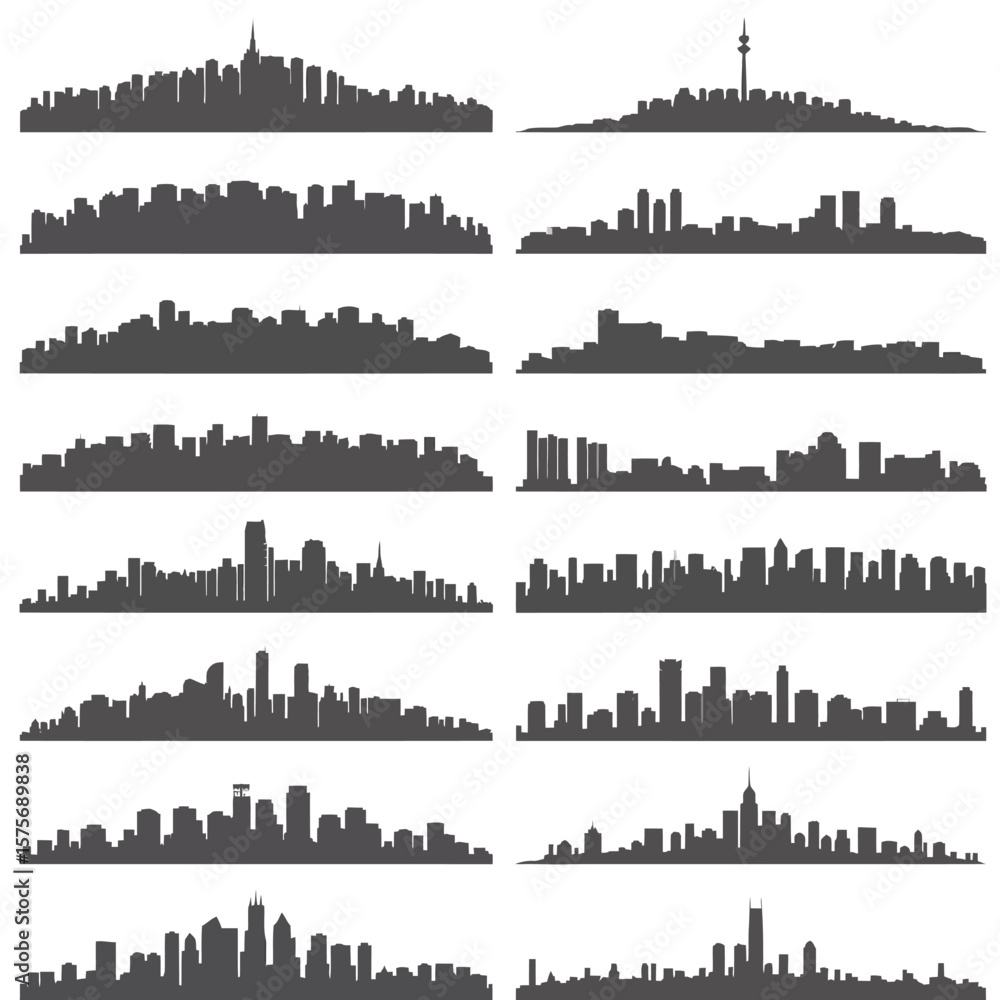 Silhouetted City Skylines Collection Against White Background Silhouetted City Skylines Collection Against White Background