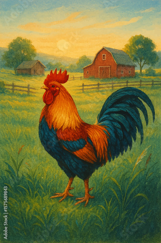 A color full rooster in the early fresh and peaceful morning, Farm landscape at the background