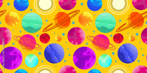 cute outer space seamless pattern with multicolored planets and stars on bright yellow background for kids textile poster design