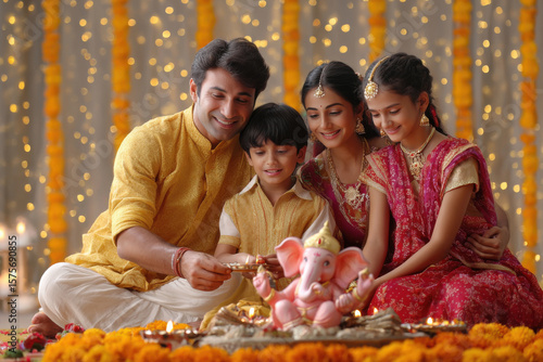 happy indian family celebrating ganesh chturthi festival at home