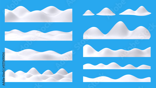 3D Vector Illustrations of Snow-Capped Winter Hills and Mountains on Blue Background