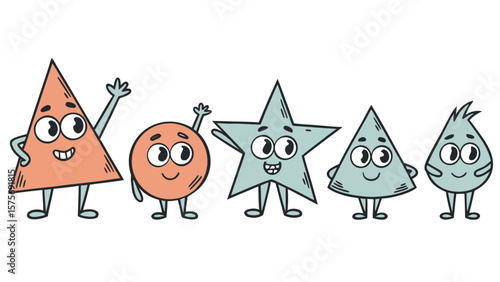 Five cute cartoon geometric shapes with faces waving and smiling