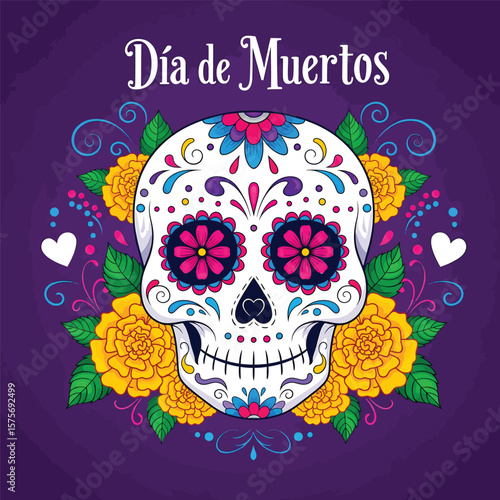 Dia de muertos sugar skull with marigolds and hearts