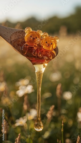Honey dripping from a wooden spoon with two gummy bear candies on top in a field of flowers