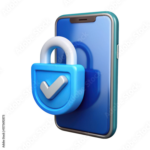 3d rendered smartphone with a blue security lock icon and checkmark isolated on transparent background