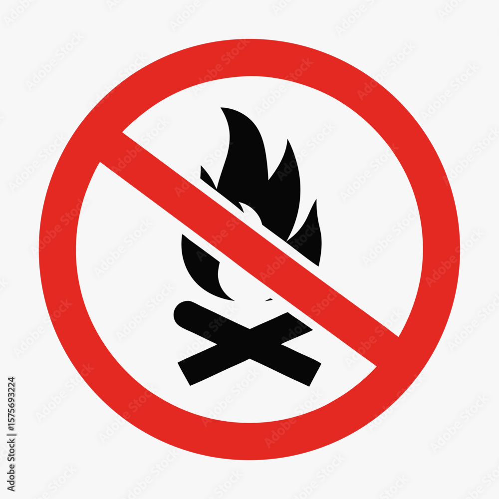 No campfire burning sign with crossed-out fire image and wooden logs. Prohibition of campfire symbol warns against lighting campfires, making it a vital safety message. No campfire burning sign with crossed-out fire image and wooden logs. Prohibition of campfire symbol warns against lighting campfires, making it a vital safety message.