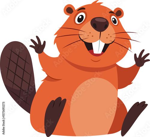 A friendly cartoon beaver is sitting and happily waving. A cute, joyful animal character for a greeting card, welcome mascot, or children's illustration. Isolated vector on a white background.