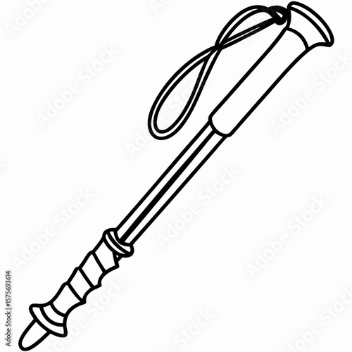 Hiking-stick contour illustration with clear lines depicting equipment for outdoor adventures. Essential hiking-stick for safe trekking on mountain paths.