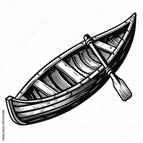 Kayak illustration, a canoe with paddle in detailed sketch style. Kayak is shown floating with rustic, hand drawn style. Perfect kayak art for adventure and watersport themes.