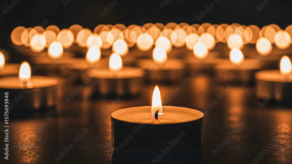 Serene Candlelight Remembrance: Single Lit Tealight with Soft Bokeh Background Serene Candlelight Remembrance: Single Lit Tealight with Soft Bokeh Background