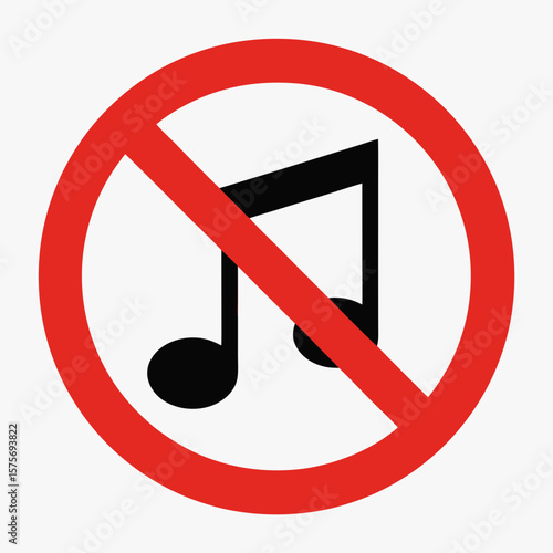 Prohibition sign showing no music with note symbol inside a red circle. No music allowed represents quiet zone and sound restrictions, depicting peace and silence.