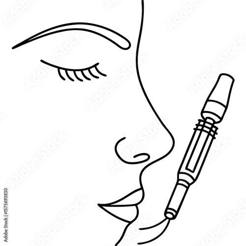 Microneedling pen device and cheek treatment, thin line art contour of a face. Microneedling pen device for cheek contour treatment, perfect skincare, cosmetics, and anti aging treatment for face,