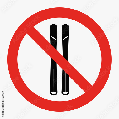 No skis allowed sign, black skis crossed out in red circle to indicate prohibited access, showing a clear skiing restriction. Prohibition of skis displayed in vibrant colors,