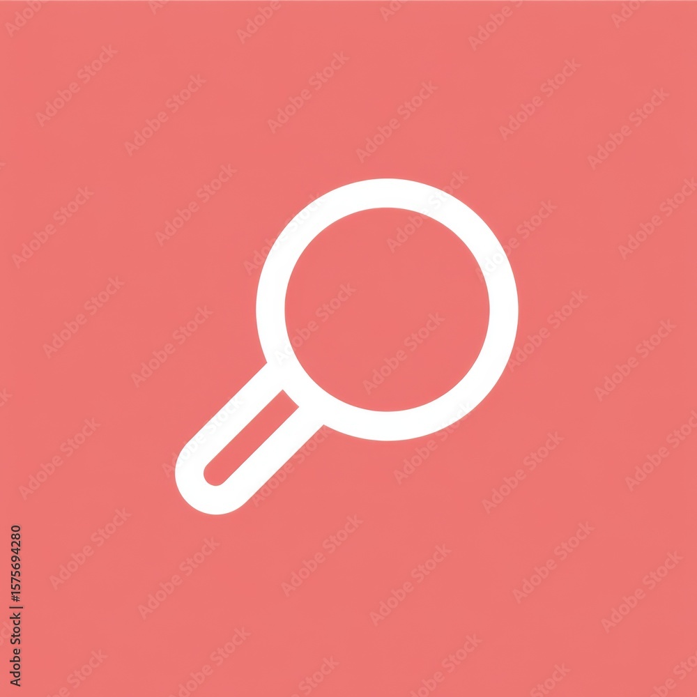 Minimalist white magnifying glass icon with circular lens and handle on solid coral-pink background, clean and simple design. Minimalist white magnifying glass icon with circular lens and handle on solid coral-pink background, clean and simple design.