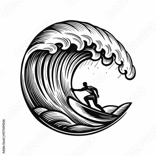 Surfing silhouette on wave, capturing strength and movement on ocean. Surfing is a thrilling water sport requiring balance and skill, depicted here with dynamic action.