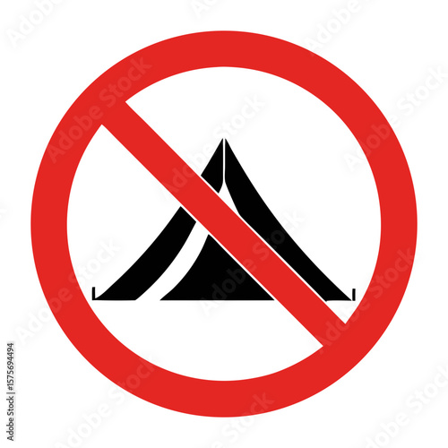 Camping tent prohibited in red circle, representing no tent zone, symbolizing restrictions and denial of overnight stay. Tent image evokes limitations on recreational activities.