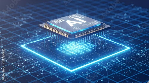 AI microchip with futuristic circuits and a glowing digital brain symbol. A modern visual representing artificial intelligence, advanced data processing, and future technology