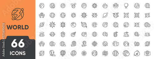 World Line Icon Set. Set of 66 outline icons including globe, continents, global connection, travel, navigation, environment, and unity. Editable stroke. Linear vector illustration.