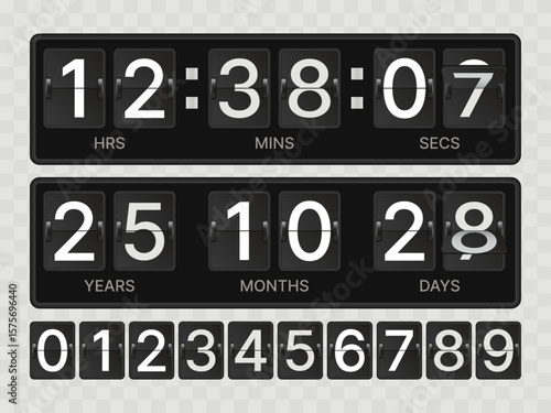 Realistic Analogue Time Clock and Flip Countdown Timer – Black Split-Flap Display for Years, Months, Days, Hours, Minutes, and Seconds – Vector Illustration for Web Pages and Event Templates.