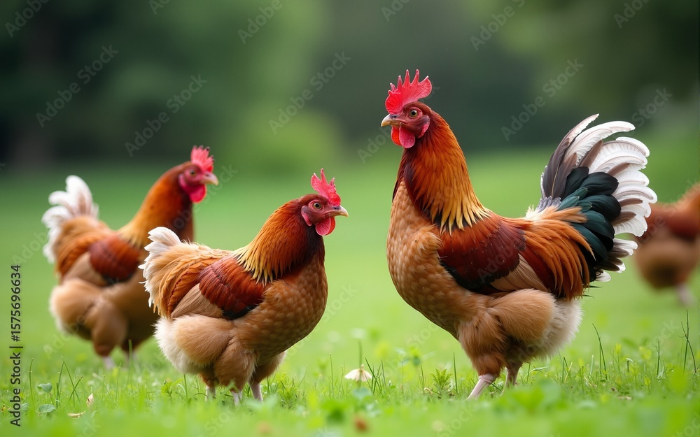 Fototapeta premium Hens on a traditional free range poultry organic farm grazing on the grass with copy space. High quality